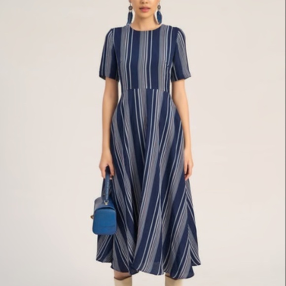 Vintage Y2K NWT Deadstock Maxi Dress Talbots Navy/Gray/Cream Stripes Size L - Picture 1 of 7